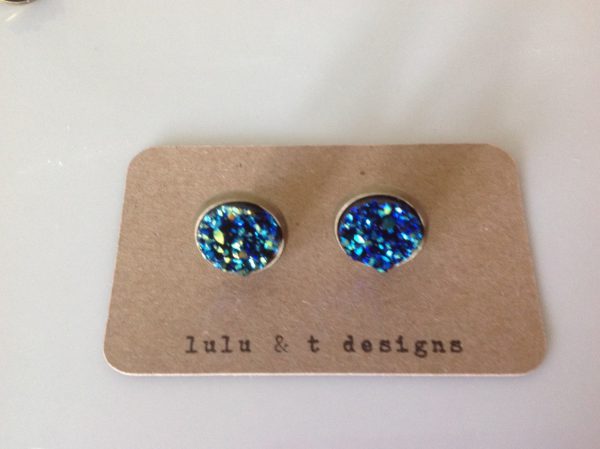 antique bronze blue faux druzy cabochon earrings