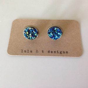 antique bronze blue faux druzy cabochon earrings