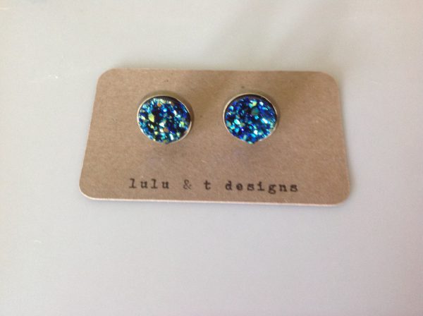 antique bronze blue faux druzy cabochon earrings