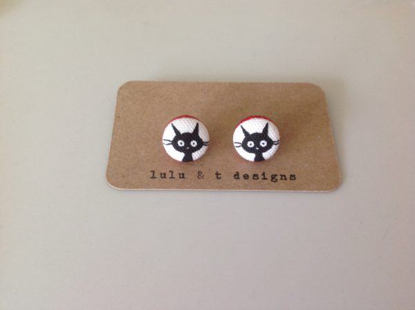 Black cat fabric covered button earrings 1 pair