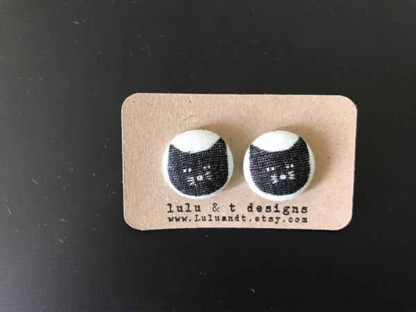 Black cat fabric covered button earrings 1 pair, cat earrings, cat button earrings