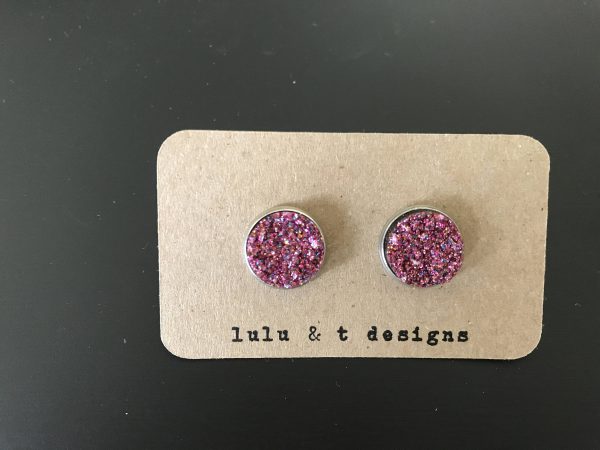 black faux druzy cabochon stainless steel stud earrings, pink faux druzy stud earrings, blue faux druzy stainless steel stud earrings