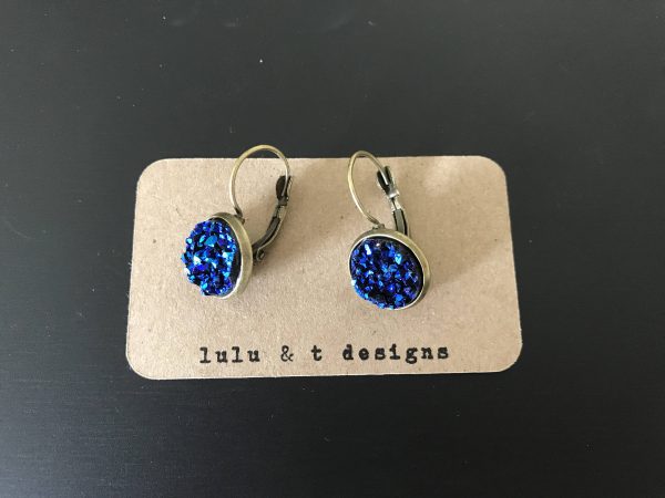 blue/gunmetal druzy antique bronze leverback earrings, blue/gunmetal faux druzy cabochon earrings pair