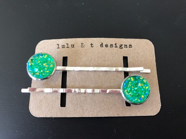 Blue or green faux druzy cabochon hair pins-pair