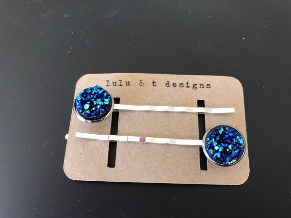 Blue or green faux druzy cabochon hair pins-pair