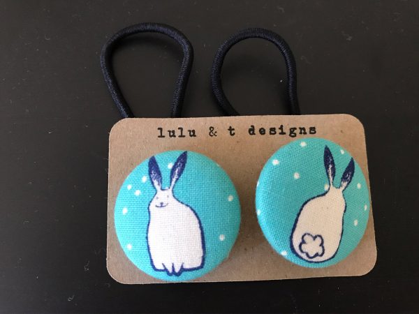 bunny hair ties, bunny rabbit fabric covered button hair tie pair