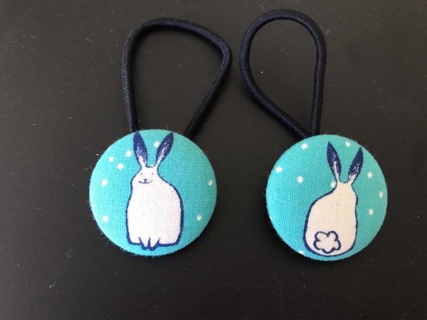 bunny hair ties, bunny rabbit fabric covered button hair tie pair