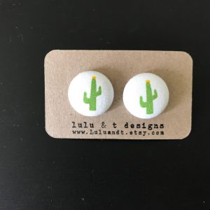 Cactus fabric covered button earrings 1 pair, cactus earrings, cactus button earrings