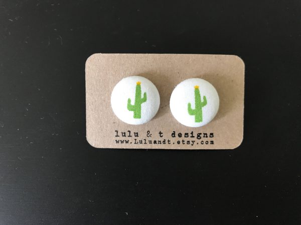 Cactus fabric covered button earrings 1 pair, cactus earrings, cactus button earrings