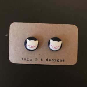 Cat earrings, cat fabric covered button earrings 1 pair