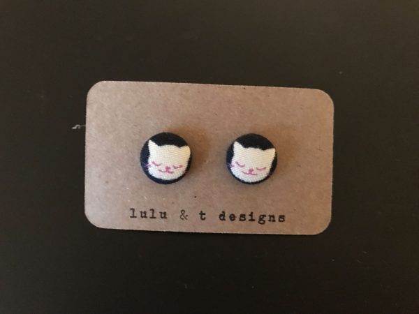 Cat earrings, cat fabric covered button earrings 1 pair