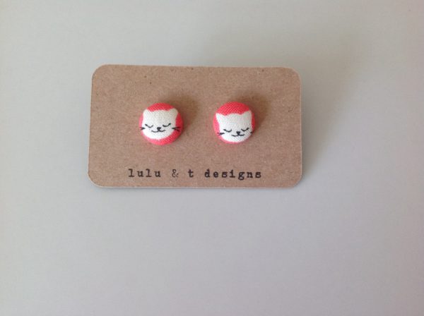 Cat earrings, cat fabric covered button earrings 1 pair