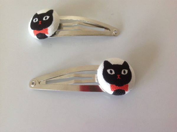 Cat hair clips, cat barrettes, cat lovers, black cat fabric covered button hair clip pair