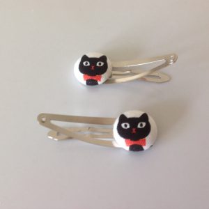 Cat hair clips, cat barrettes, cat lovers, black cat fabric covered button hair clip pair