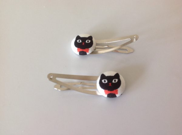 Cat hair clips, cat barrettes, cat lovers, black cat fabric covered button hair clip pair