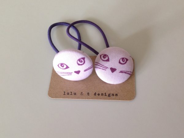 Cat hair ties, Cat fabric covered button hair tie pair