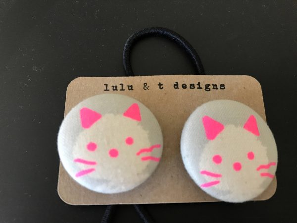 Cat hair ties, Cat fabric covered button hair tie pair