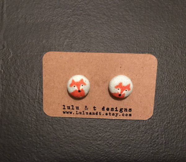 fox fabric covered button earrings studs-pair