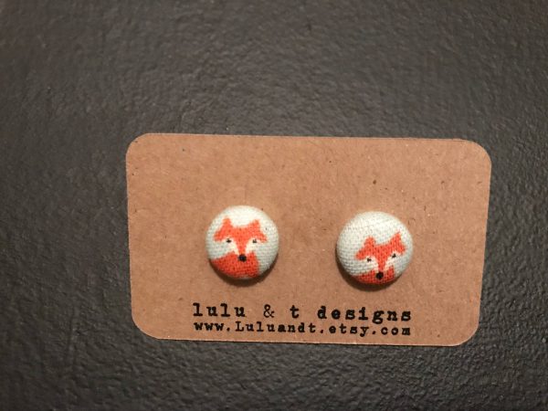 fox fabric covered button earrings studs-pair