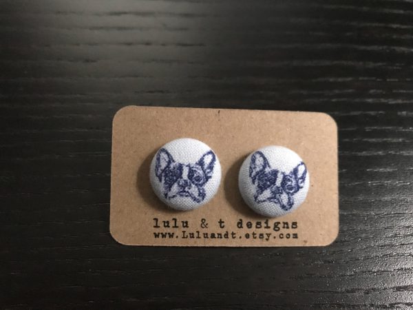 French bulldog  earrings, French bulldog fabric, French bulldog fabric covered button earrings pair