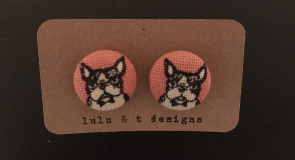 French bulldog  earrings, French bulldog fabric, French bulldog fabric covered button earrings pair