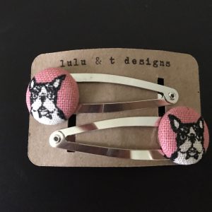 French bulldog hair clip, french bulldog barrettes, french bulldog fabric covered button snap hair clip pair