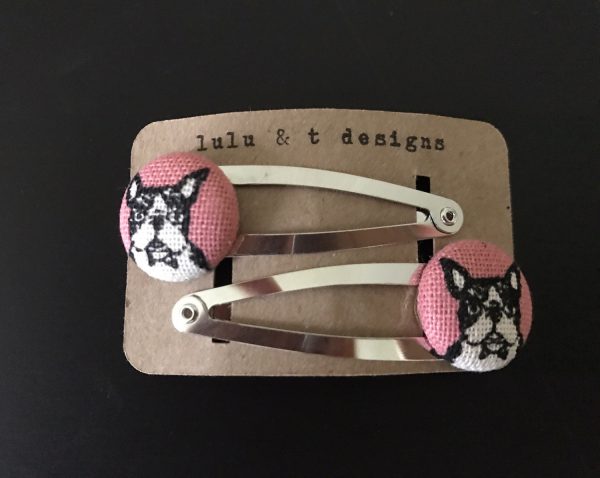 French bulldog hair clip, french bulldog barrettes, french bulldog fabric covered button snap hair clip pair