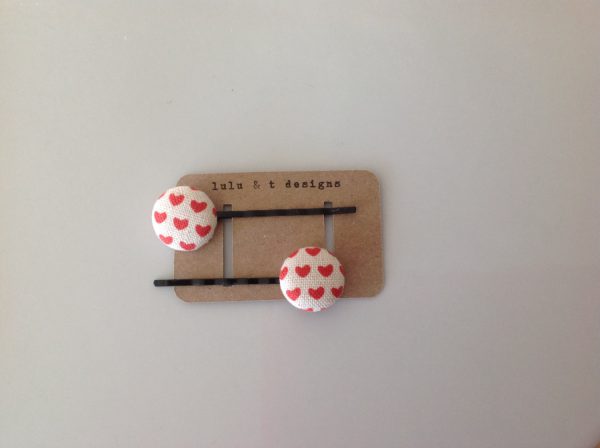 Heart fabric covered button bobby pin pair