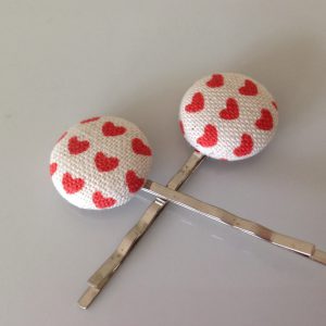 Heart fabric covered button bobby pin pair