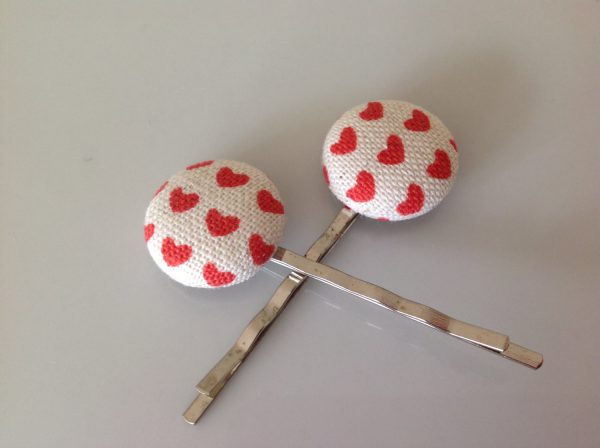 Heart fabric covered button bobby pin pair