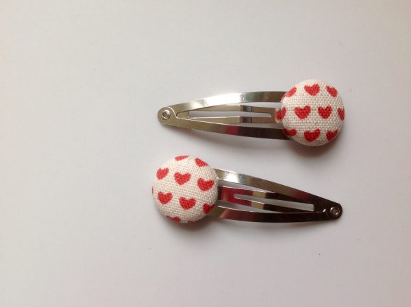 heart hair clip, heart barrette, heart fabric covered button hair clip pair