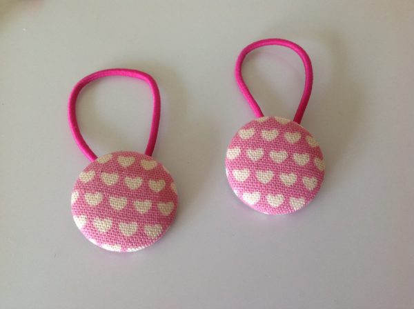 heart hair ties, heart fabric covered button hair tie pair