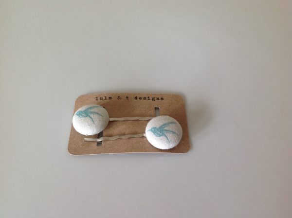 Hummingbird fabric covered button bobby pin pair