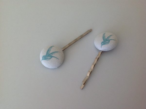 Hummingbird fabric covered button bobby pin pair