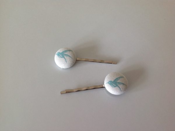 Hummingbird fabric covered button bobby pin pair