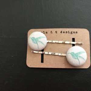 Hummingbird fabric covered button bobby pin pair