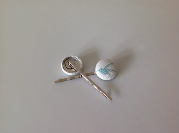 Hummingbird fabric covered button bobby pin pair