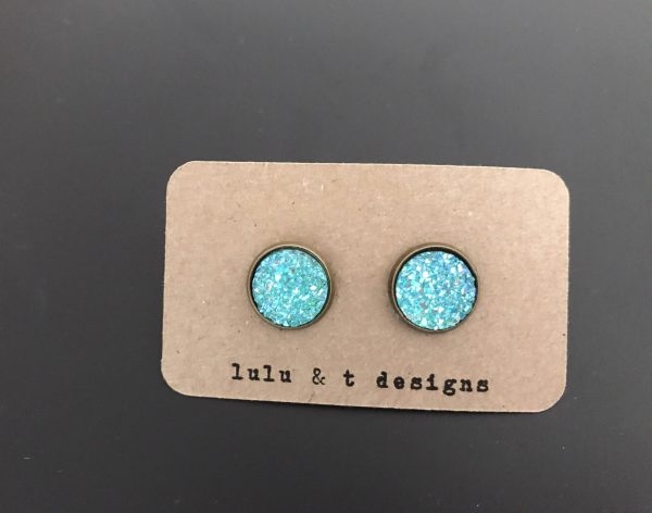 Iridescent aqua blue faux druzy cabochon earrings with antique bronze post, blue druzy earrings, antique bronze aqua blue druzy earrings