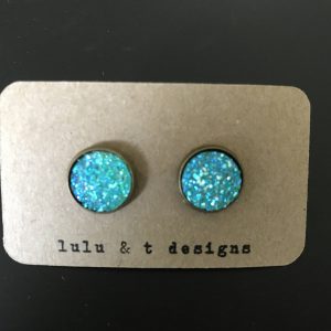 Iridescent aqua blue faux druzy cabochon earrings with antique bronze post, blue druzy earrings, antique bronze aqua blue druzy earrings