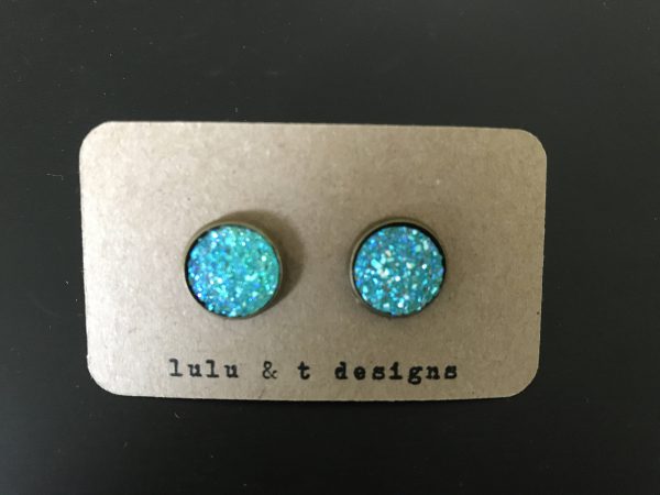 Iridescent aqua blue faux druzy cabochon earrings with antique bronze post, blue druzy earrings, antique bronze aqua blue druzy earrings