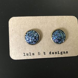 Iridescent purple/blue faux druzy cabochon earrings with antique bronze post, blue druzy earrings, antique bronze purple/blue druzy earrings