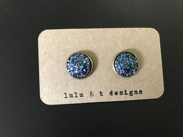 Iridescent purple/blue faux druzy cabochon earrings with antique bronze post, blue druzy earrings, antique bronze purple/blue druzy earrings