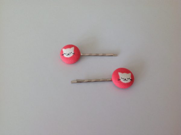 Kitty cat fabric covered button bobby pin pair