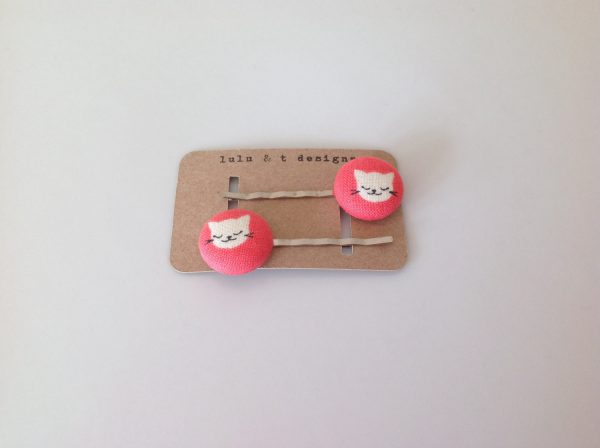 Kitty cat fabric covered button bobby pin pair