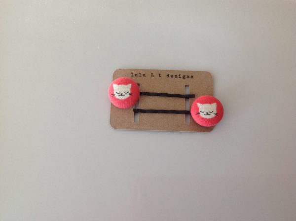 Kitty cat fabric covered button bobby pin pair