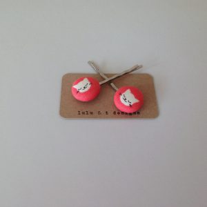 Kitty cat fabric covered button bobby pin pair