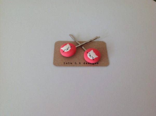 Kitty cat fabric covered button bobby pin pair