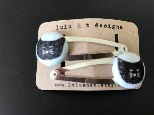 Kitty cat hair clip, cat barrette, black cat barrettes, cat fabric covered button hair clip pair