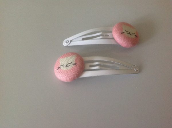 Kitty cat hair clip, cat barrette, cat fabric covered button hair clip pair