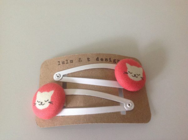 Kitty cat hair clip, cat barrette, cat fabric covered button hair clip pair